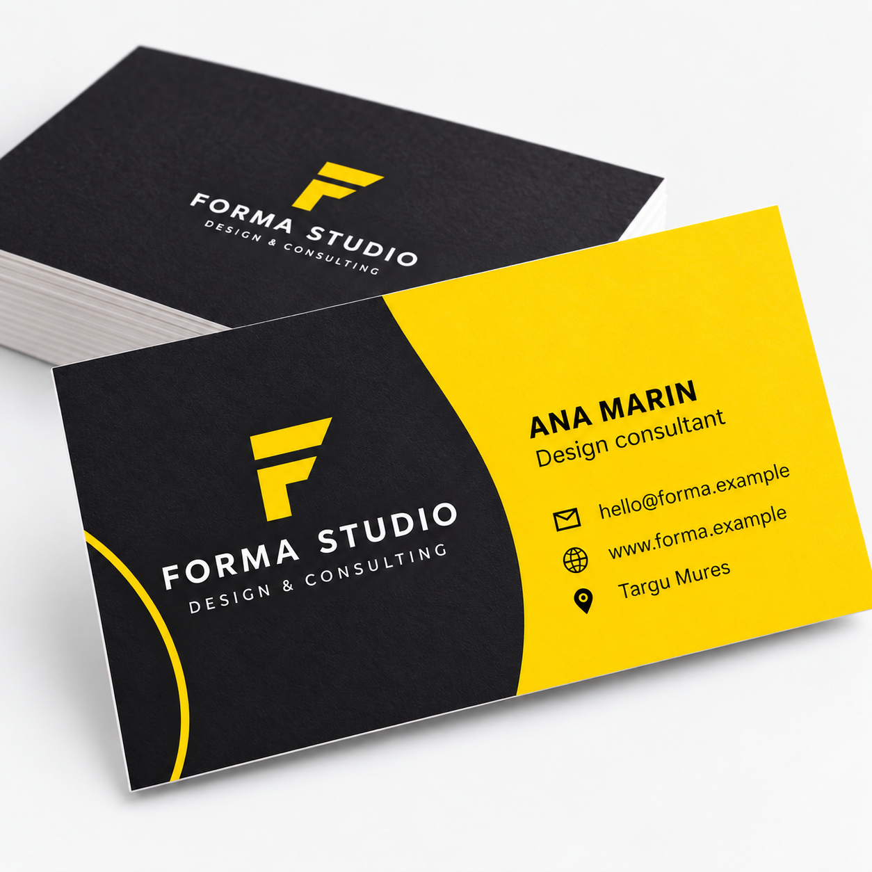 Set de cărți de vizită 90 × 50 mm FORMA STUDIO, design elegant în galben, negru și alb, cu informații de contact fictive