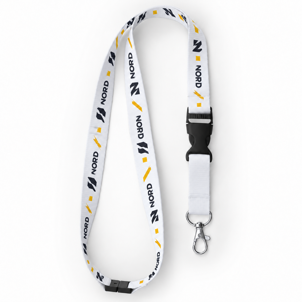 Mock-up lanyard alb cu sigla fictivă NORD și segment scurt fără print